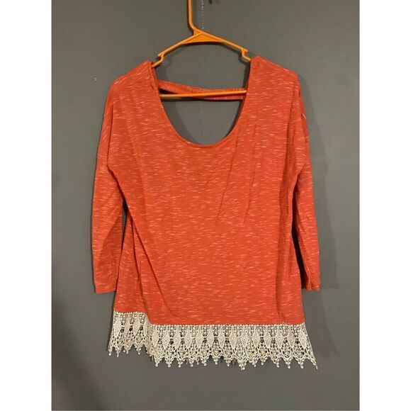 Takara Open Back Coral Top Blouse Crochet Lace Trim Hem Size Medium - Picture 2 of 6